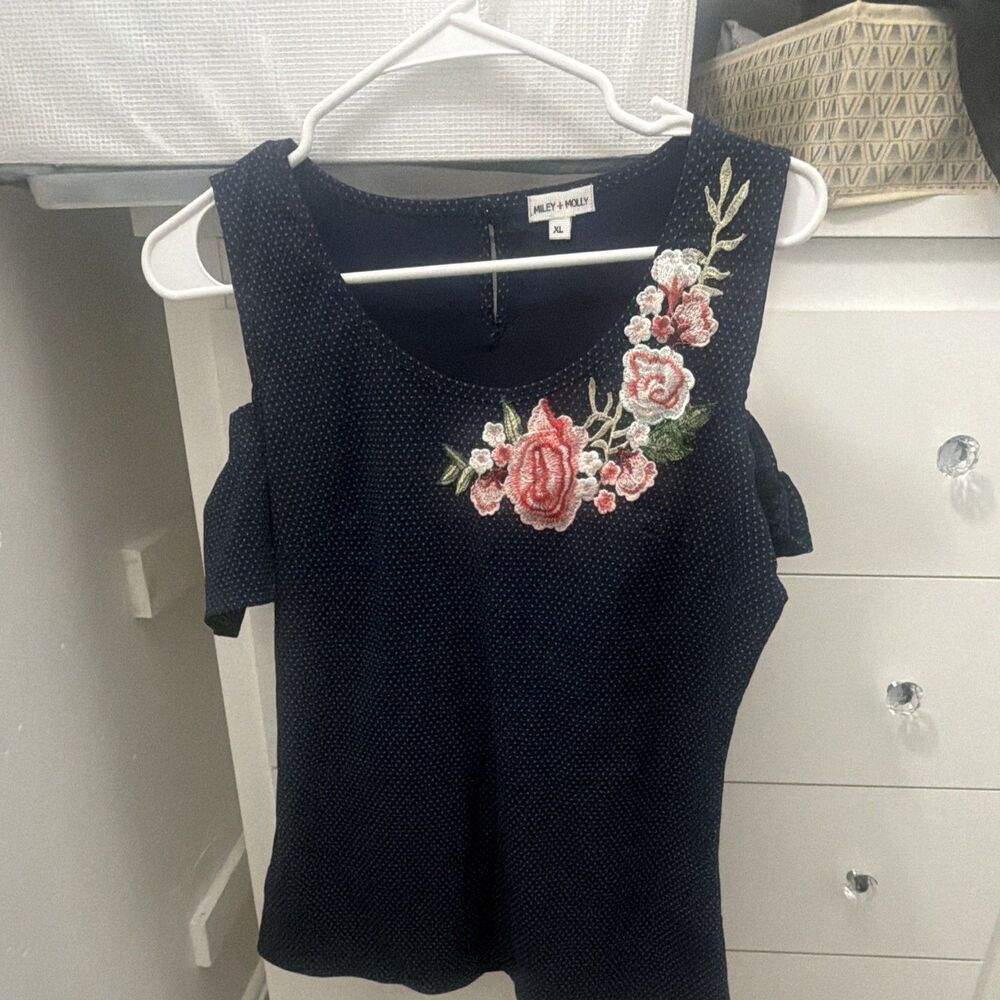 Miley + Molly XL Navy Polka Dot Cold Shoulder Embroidered Floral Blouse